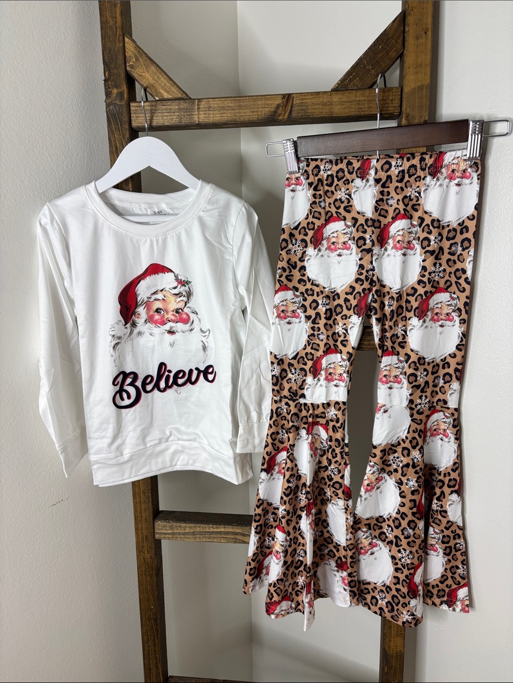 Kids 'Believe' Santa Set - White Top & Leopard Santa Pants Size 5/6